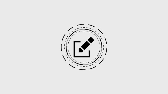 Edit pencil icon with animated rotating dashed circles minimal line art graphic elements.
