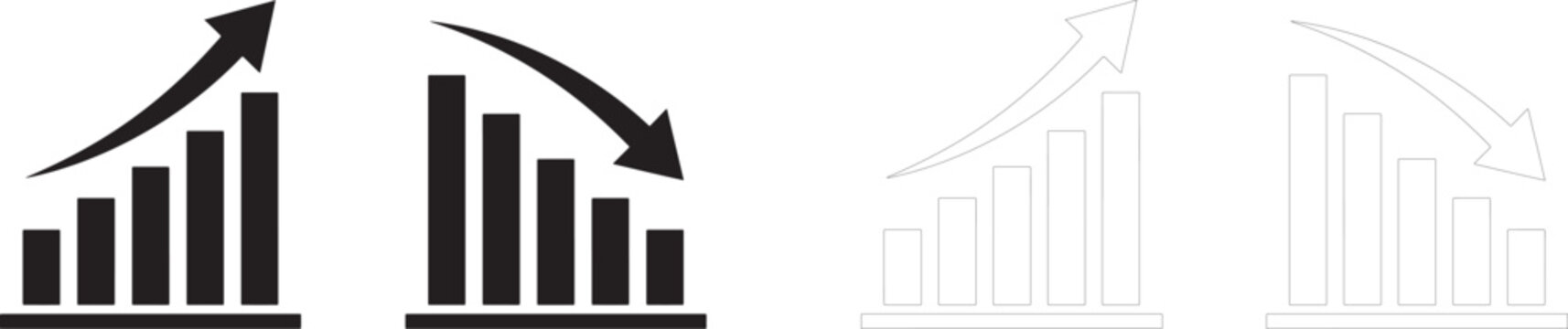 Black and white bar chart icons showing business growth and decline trends isolated on a clean white background