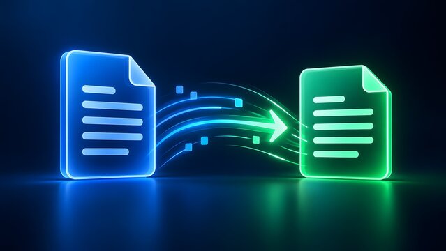 Glowing neon document icons illustrating digital data transfer fast file sharing and secure information exchange through cloud computing networks