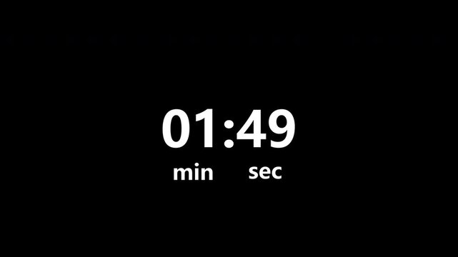 Countdown animation of two minutes on transparent background, two minutes digital Countdown timer animation from 120 to 0 seconds on transparent background with alpha channel in 4K VIDEO.    