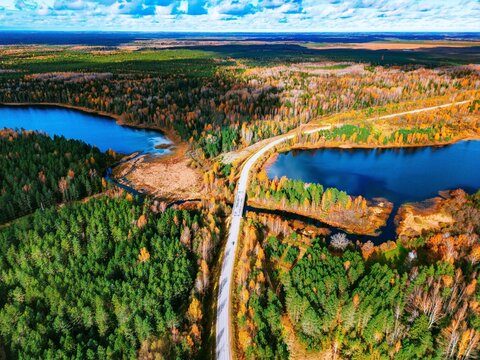 Aerial view of winding road separating vibrant autumn forests and tranquil blue lakes