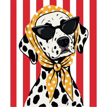 Cool retro Dalmatian wearing cat eye sunglasses and yellow polka dot headscarf over red striped background. Fashionable retro Dalmatian portrait. 
