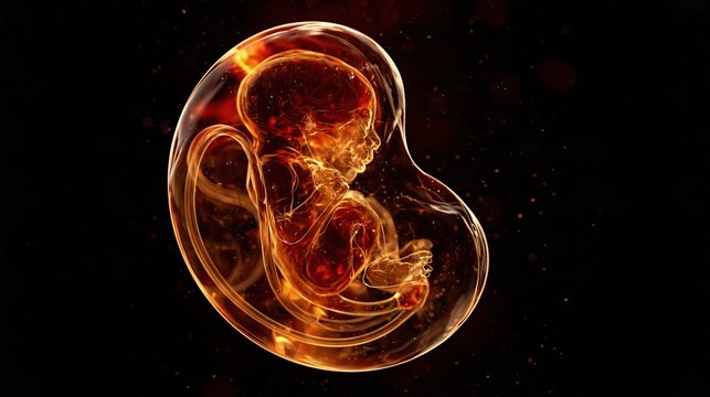 A photorealistic 3D visualization of a human fetus curled naturally inside a glowing amniotic sac. Warm red, amber, and burgundy lights highlight prenatal development.