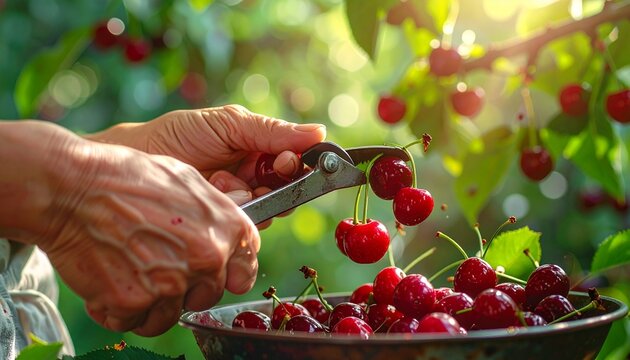 Hands with metal tool processing fresh cherries in garden