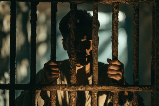 Man gripping corroded prison bars, conveying confinement, isolation, and loss of freedom