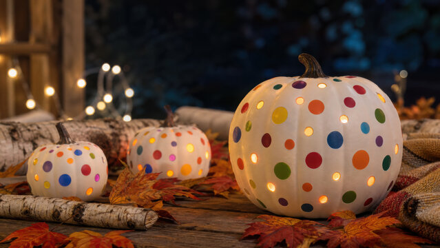 Glowing polka dot carved pumpkins on wooden table with autumn leaves and fairy generated using ai