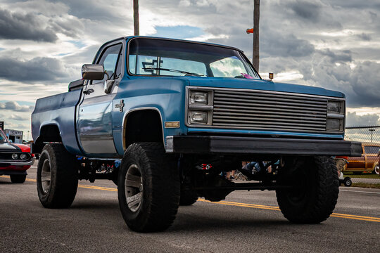 Lifted Blue 1985 Chevrolet C10 Silverado Pickup Truck at Daytona Beach Florida