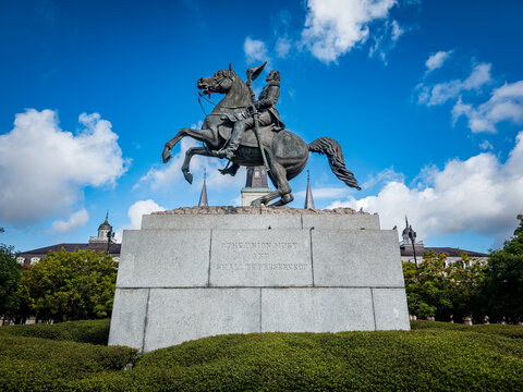 The Statue of a mounted Andrew Jackson at the center of Jackson Square in New Orleans Louisiana