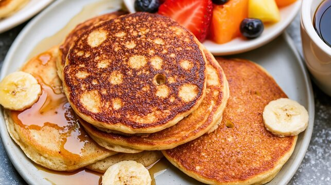 Golden, imperfect pancakes served with sliced bananas and fresh fruit create a cozy brunch scene. Bright natural light highlights this casual winter morning meal with friends.