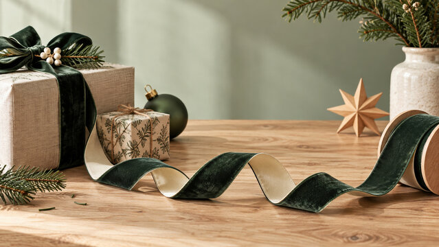 Christmas gifts and evergreen sprigs arranged with velvet ribbon on a wooden table, minimalist Scandinavian decor