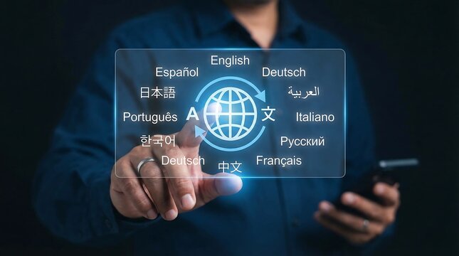 Person using smartphone with glowing multi language translation globe hologram interface