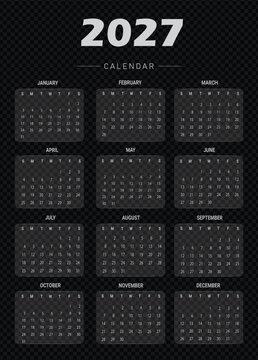 Glassmorphism 2027 Annual Calendar Vector Template with Monthly Grids, Minimalist Black Background and Modern Typography, Year Planner Design