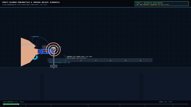 Technical animation explaining the physics pneumatics and spring recoil dynamics of a party blower with detailed schematic breakdown of inflation uncoiling and depressurization mechanics