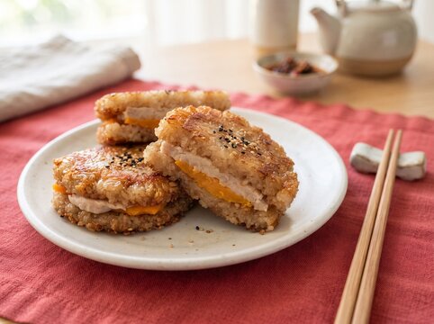 Pan fried sticky rice cake slices with taro and sweet potato