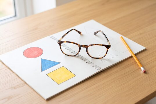 Reading glasses on a children's workbook for lifelong learning