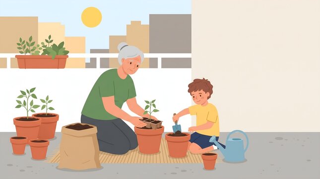 Flat illustration of a grandmother and grandson planting on a balcony