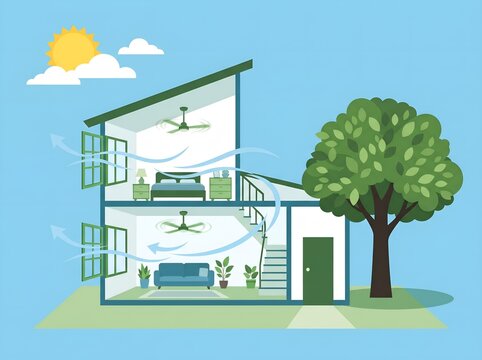 Flat illustration of a house cooled naturally with fans and breeze