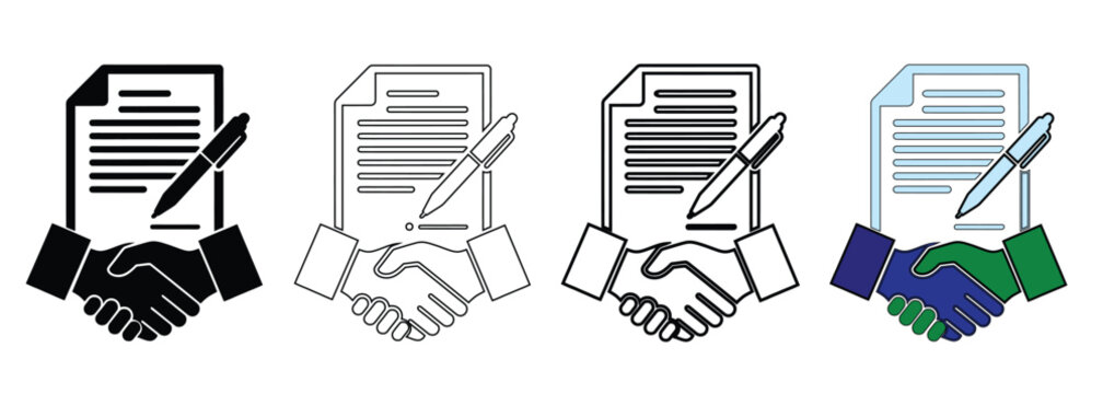 Business agreement icon featuring a handshake and document, symbolizing partnership, trust, contract, and cooperation.