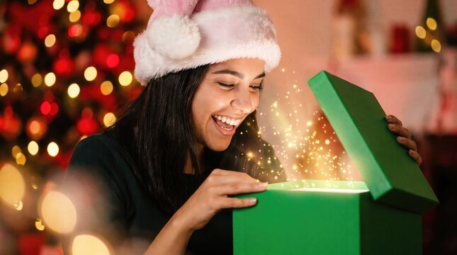 Joyful young woman wearing a santa hat opens a bright green gift at a festive christmas celebration