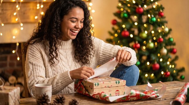 Joyful young woman happily unwrapping a christmas gift in a cozy living room with a decorated tree