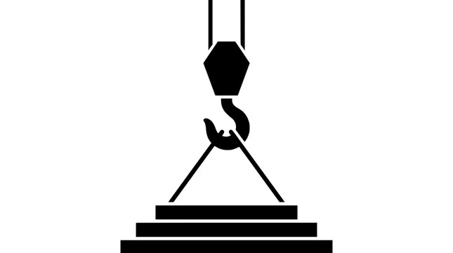 Minimalist Black Crane Icon, Layered Base, Simple Silhouette. Industrial Lifting Machinery Glyph, Construction Weight Scale Graphic, Vector Illustration