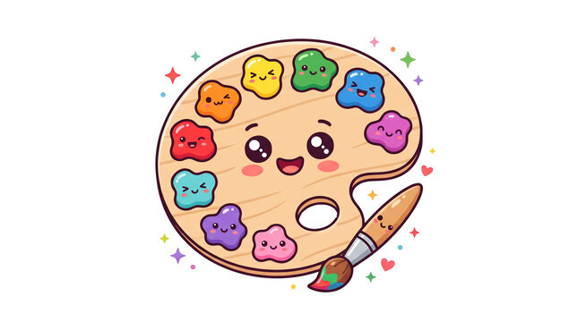 Cute kawaii artist paint palette character with colorful paints and paintbrush, smiling happy face, funny cartoon art mascot, isolated vector illustration.
