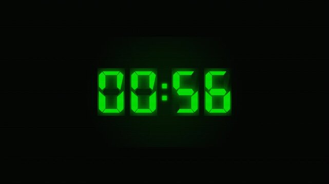 Glowing Green LCD Digital Clock One Minute Countdown Timer On Black Background