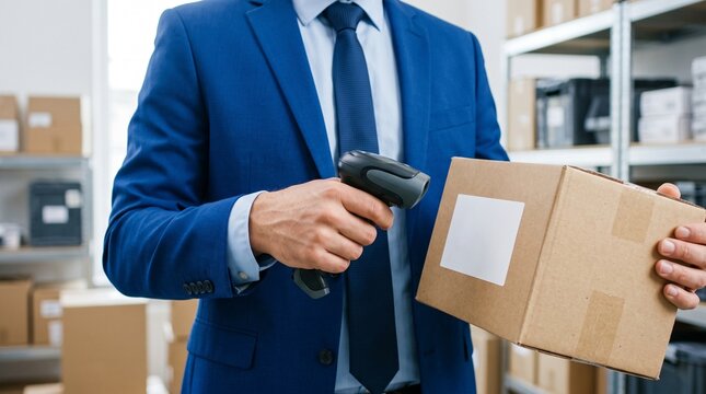 Professional manager scanning cardboard package with barcode reader