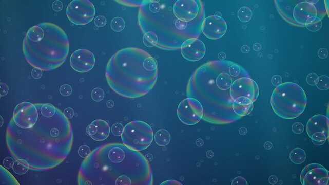 Iridescent soap bubbles floating gently upward against a deep dark blue gradient studio background with soft lighting