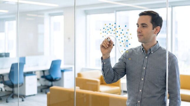 Data scientist drawing scatter plot on glass wall in modern bright office