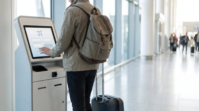 Traveler using airport check in kiosk with backpack and luggage in terminal