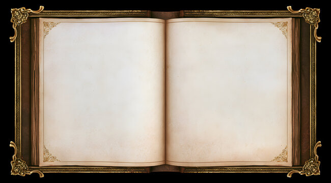 A hollowed-out antique book, adorned with a golden, elaborate frame. Its leather-bound cover exudes a vintage, elegant Gothic design. Inside, the classic medieval magic grimoire template has a dark br