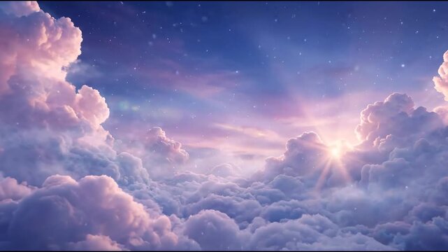 Pink and purple clouds fill the sky at twilight, with stars visible above the cloud layer; no location is identified