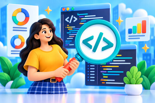 3D of a cheerful woman holding a magnifying glass examining code and charts in a software development environment