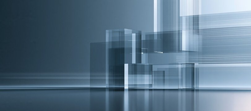 Layered translucent planes with modular boundaries and flowing data lines on blue - gray gradient