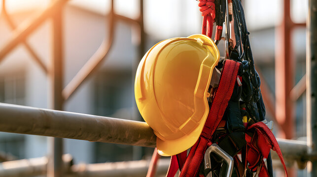 Hard hats and safety harnesses for scaffolding areas, emphasizing construction safety principles, set against a blurred background, leaving room for additional text