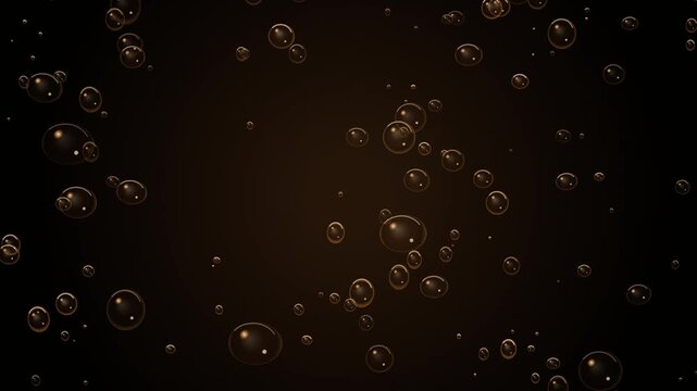 Rising golden bubbles on dark background, effervescent carbonated liquid motion, abstract beverage texture for projects