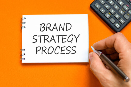 Brand strategy process words symbol. Concept words Brand strategy process on beautiful white note. Beautiful orange background. Businessman hand. Business brand strategy process concept. Copy space.