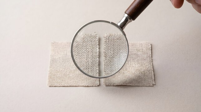 Magnifying glass comparing two similar fabric swatches symbolizing dupe culture in fashion textiles