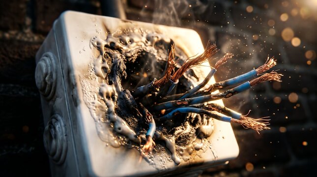 Burnt electrical junction box with damaged wiring showcasing melted plastic socket, exposed copper wires and smoking short circuit, concept for fire danger and home safety warning