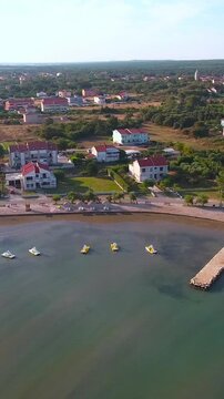 Aerial holiday beach in Zaton early in the morning
