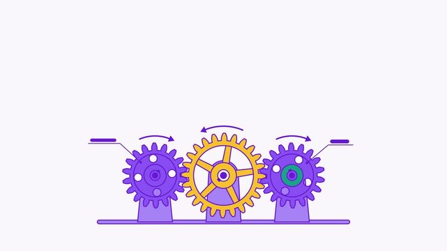 Seamless 4K looping engineering animation: gear train along line rotating. Clean vector mechanism diagram with motion arrows and blank callout tags in purple and violet on a light background, leaving 