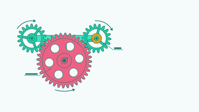 Seamless 4K looping engineering animation: gear train with idler wheel. Clean vector mechanism diagram with motion arrows and blank callout tags in red and magenta on a light background, leaving copy 