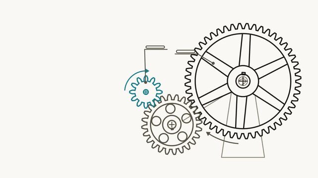 Seamless 4K looping engineering animation: gear train speed reducing gradually. Clean vector mechanism diagram with motion arrows and blank callout tags in teal and cyan on a light background, leaving