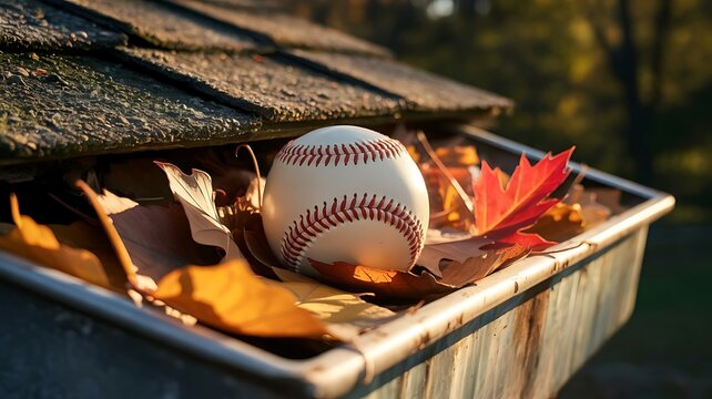 A single white baseball with red stitching nestled in a metal house gutter surrounded by vibrant autumn leaves on a sunny fall afternoon day