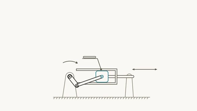 Seamless 4K looping engineering animation: piston rod moving horizontally steadily. Clean vector mechanism diagram with motion arrows and blank callout tags in teal and cyan on a light background, lea