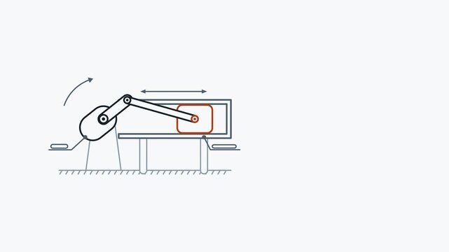 Seamless 4K looping engineering animation: slider crank piston moving back. Clean vector mechanism diagram with motion arrows and blank callout tags in red and magenta on a light background, leaving c