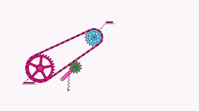 Seamless 4K looping engineering animation: chain sprocket tensioner wheel rotating. Clean vector mechanism diagram with motion arrows and blank callout tags in purple and violet on a light background,