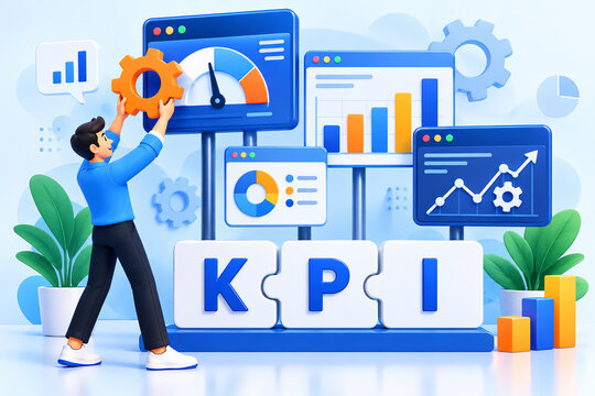 Interactive KPI dashboard with 3D character adjusting settings and analytics charts