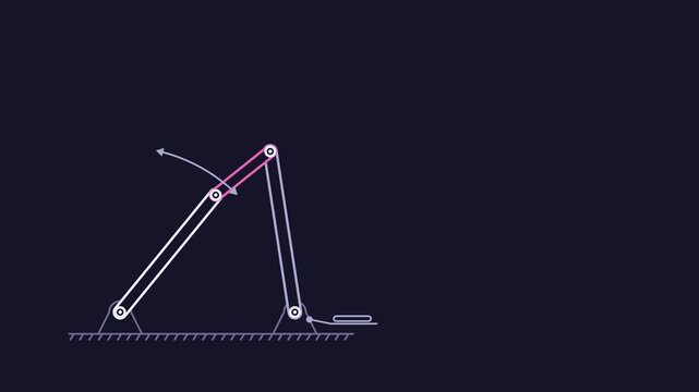 Seamless 4K looping engineering animation: four bar double rocker swinging. Clean vector mechanism diagram with motion arrows and blank callout tags in blue and steel on a dark background, leaving cop